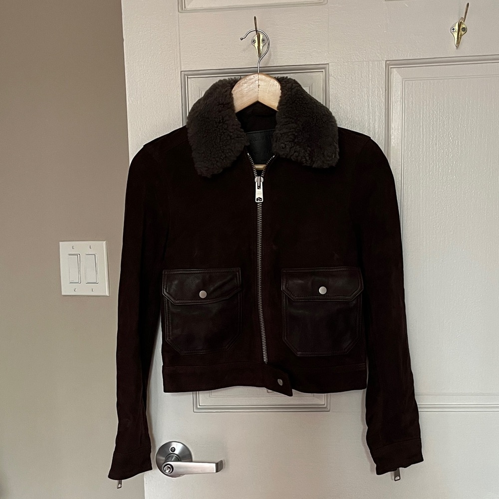 All Saints Suede Bomber Jacket with Shearling Collar
